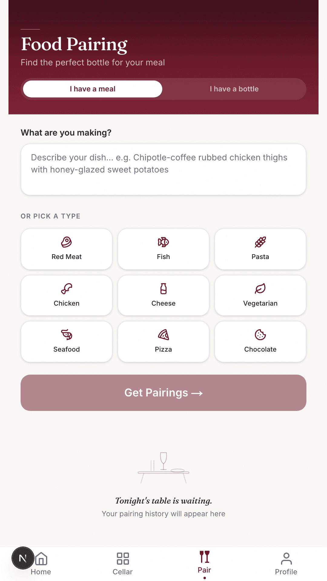 Pair dinner from the wines you actually own